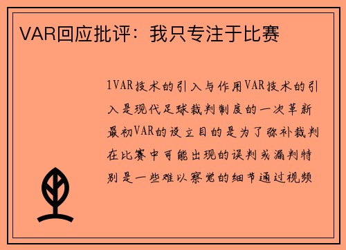 VAR回应批评：我只专注于比赛