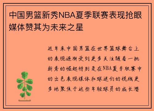 中国男篮新秀NBA夏季联赛表现抢眼 媒体赞其为未来之星